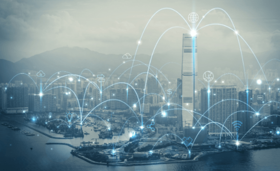 A SME inside a skyscraper being connected to the buildings around it by using a modern telecoms system