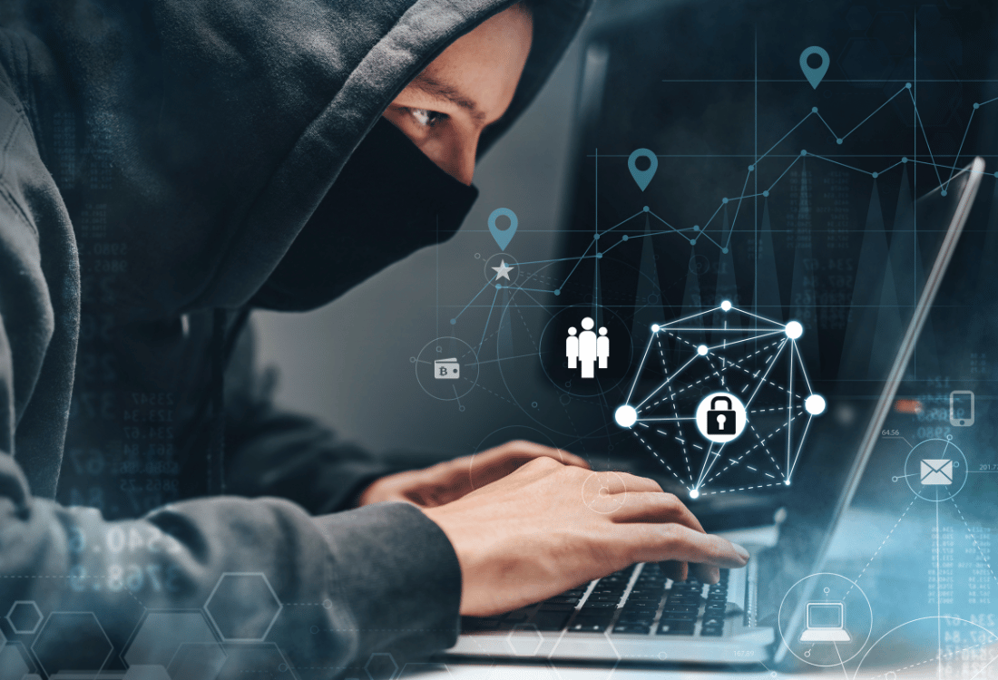 A man in a hoodie trying to hack into an SME with graphics showing how interconnected the internet is with connections between people, emails, mobile phones, and laptops and how a security system prevents him from hacking into the SME.