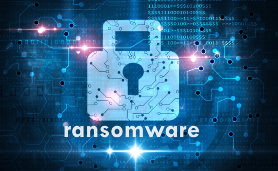 A padlock surrounded by code securely protecting a school from ransomware attacks.