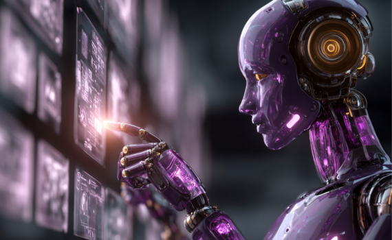 Futuristic AI robot analysing digital data panels, symbolising the evolving cybersecurity landscape for 2026.
